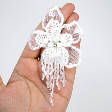 White Embroidered Fabric Flower With Water Droplets Earrings, Long Bridal Jewelry Bridal Earrings Crystal Bridal Earrings Statement Earrings